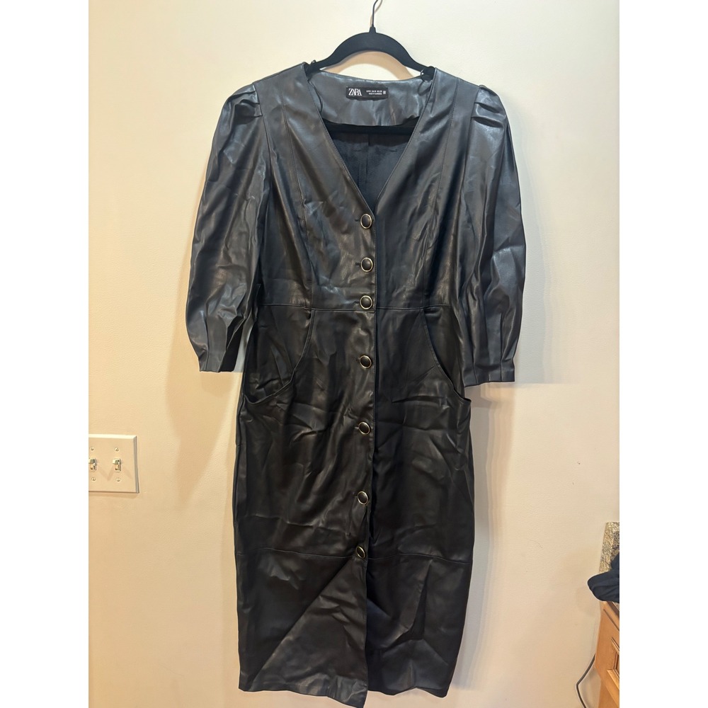 ZARA‎ Black Faux Leather Puff Sleeve Button Front Midi Dress Size M